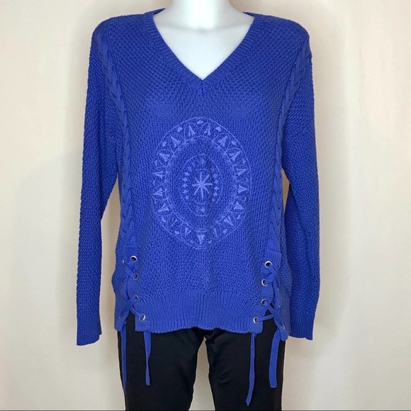 Desigual Sweaters - Desigual Cable Knit V-neck Sweater Pullover Small Lace Tie Embroidered Blue